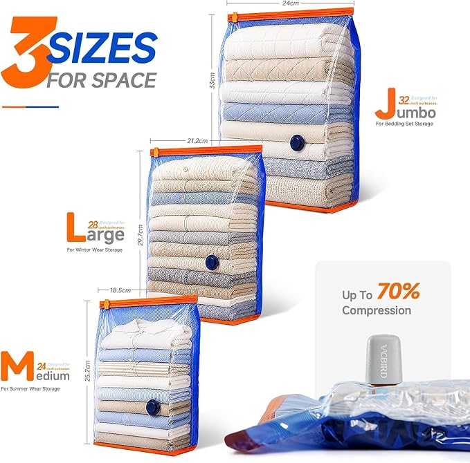 Vacbird Vacuum Storage Bags with Cordless Pump,12 Pack Seal Bags for Closet | Cordless Rechargeable Pump Vacuum Bags Large Jumbo, 12 Pack 3 Sizes, Space Saving for Organization & Clothing Storage