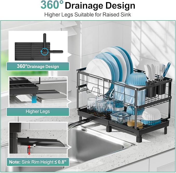 GSlife Large Dish Drying Rack - 2 Tier Dish Rack for Kitchen Counter, Expandable Capacity Dish Drainer Rack with Removable Cutlery Holder, 15.7''-20.7''L x 9.8" D x 13.4" H, Black