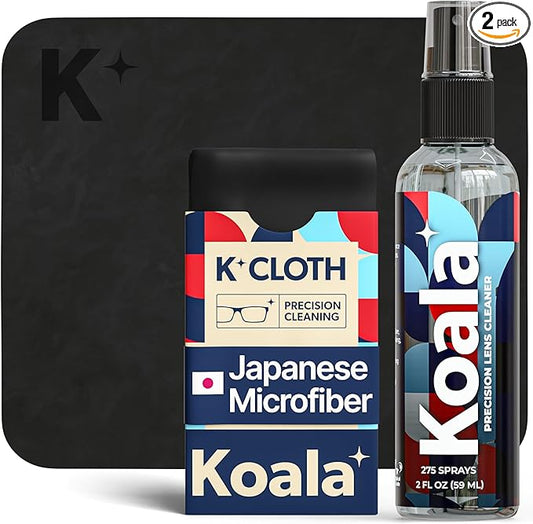 Koala Eyeglass Lens Cleaner Spray Kit | Japanese Microfiber (2 Piece Set) | (1x) Glasses Cleaner Bottle + (1x) Microfiber Cloth | Alcohol Free Eyeglasses, Screen, and Camera Cleaning Kit | Made in USA