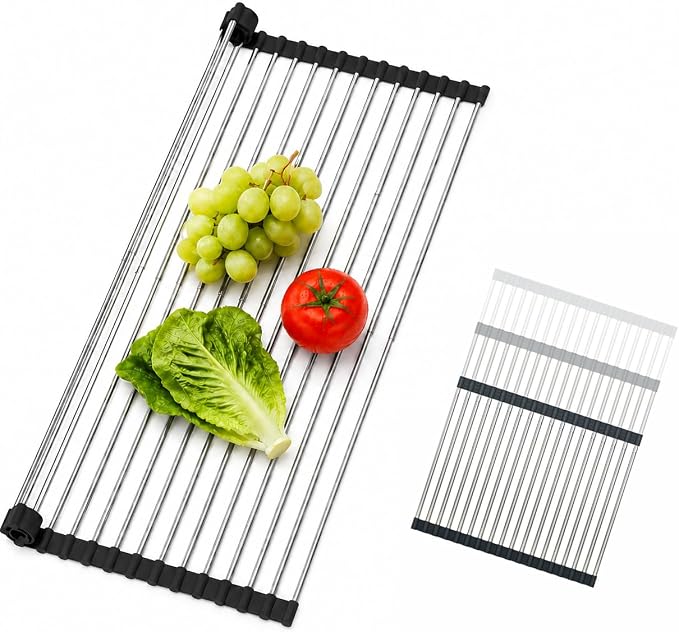 CHIRISEN Expandable Roll Up Dish Drying Rack Over the Sink Drying Rack for Kitchen Counter, Large Stainless Steel Dish Drainer Over Sink Dish Drying Rack Foldable, Collapsible, 21.14''x12'', 18Tube