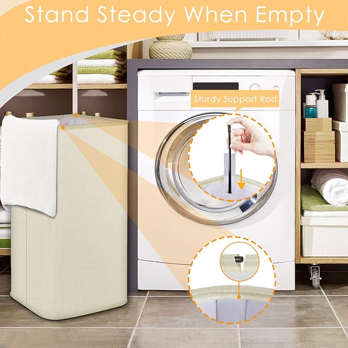 SNIGJAT Large Laundry Basket, 80L Collapsible Tall Hamper with Handle Beige | Dirty Clothes Hamper for Bedroom, Rectangular Sturdy Laundry Basket for College, Dorm, Towels, Toys