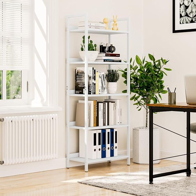 NUMENN Bookshelf, 5 Tier Freestanding Shelving Unit, White | Metal Frame & Wood Shelves, Falling Prevention Baffle, Open Storage Bookcase for Bedroom, Living Room & Home Office
