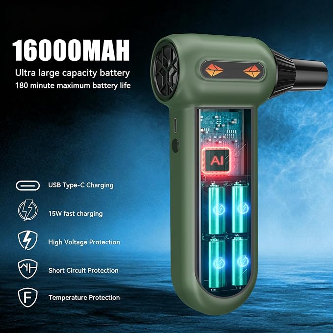Compressed Air Duster 360000RPM Electric Air Duster Variable Speed 430G 4 Gear Adjustable Rechargeable Cordless Jet Dry Blower Turbo Fan Dryer Air Blower Mini Car Vacuum Cleaner Small Green