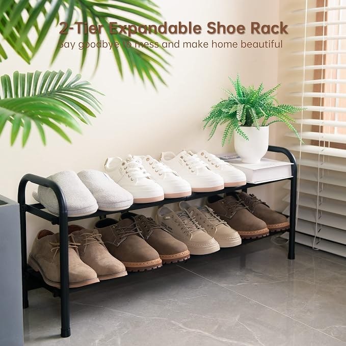 Gonfoam Expandable 2-Tier Shoe Rack for Closet and Entryway, Black | Tool-Free Assembly, Metal Material, Adjustable Shoe Organizer, Sturdy, Small Space Solution, Dorms, Garages, Apartments.