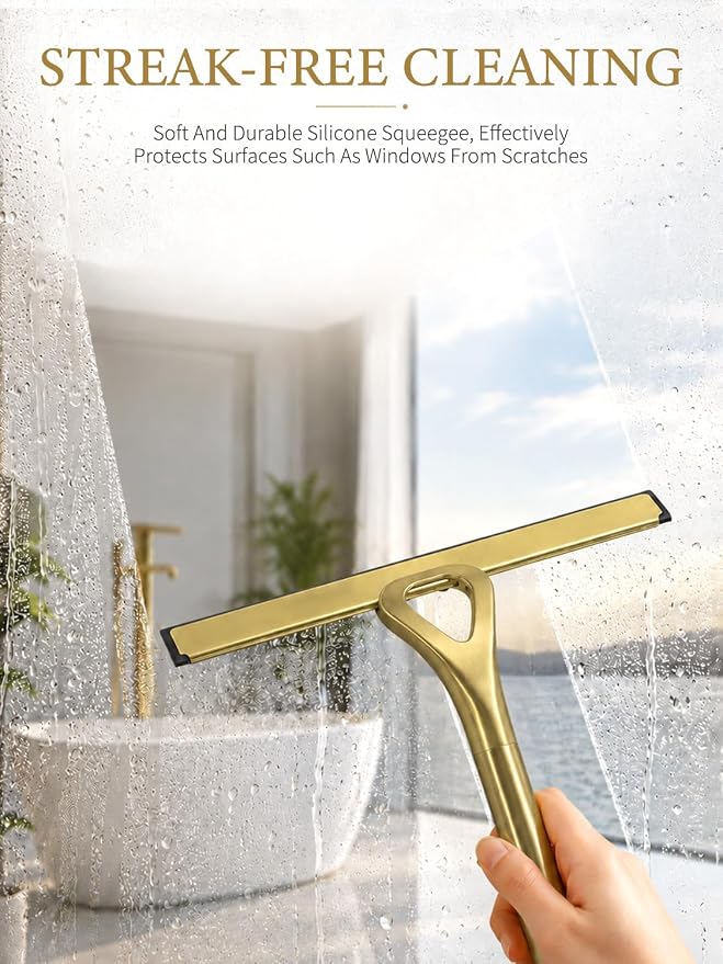 Gold Squeegee for Shower Glass 8.9x8.7in Brushed Stainless Steel | Shower Squeegee for Glass Doors,Leaves No Streaks, Rust-Resistant, Multi-surface Cleaning, Non-slip Handle, Comes with a Hook