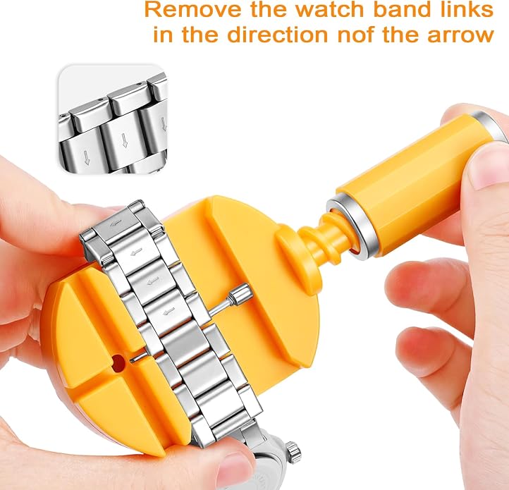 Watch Link Removal Kit，Professional Pin Remover and Band Adjuster | Resizing Tool And Repair Set for Bracelet Adjustment & Replacement with 6 Extra Pins，1 double-head hammer and 1 spring bar