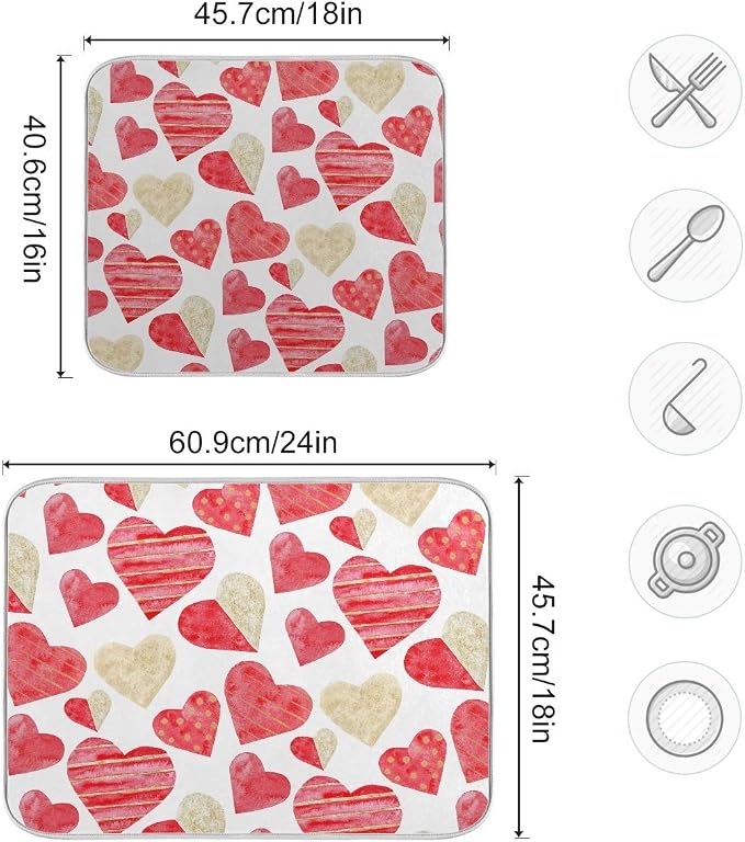 Red Gold Watercolor Hearts Love Dish Drying Mat 16x18 for Kitchen Valentine's Day Love Flowers Dishes Pad Dish Drainer Rack Mats Absorbent Fast Dry Kitchen Accessories