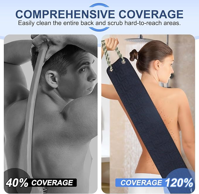 Exfoliating Back Scrubber for Shower, Double-Sided Widened Back Scrub Washcloth with Handles for Use in Shower, 39 Inches Body Exfoliator Bath Tool to Clean Your Body Deeply for Men & Women