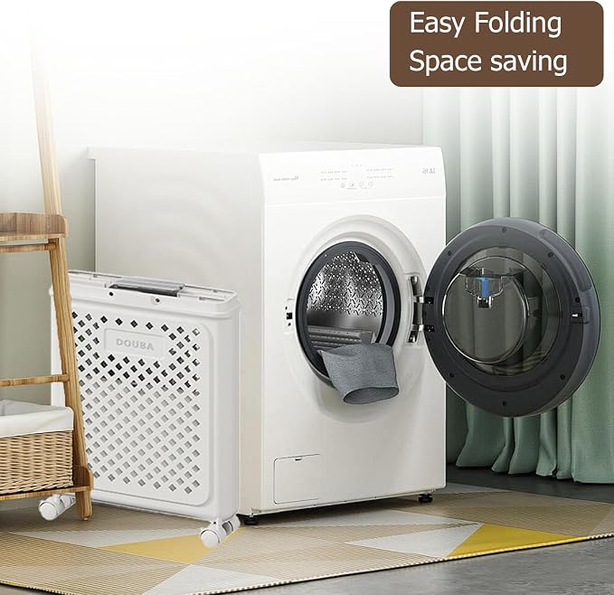 49L Collapsible Laundry Baskets, Plastic Laundry Hamper with Handles, Foldable Laundry Bin, Laundry Basket with Wheels for Laundry Room Organization, Ideal for Clothes, Towels, Blankets, White