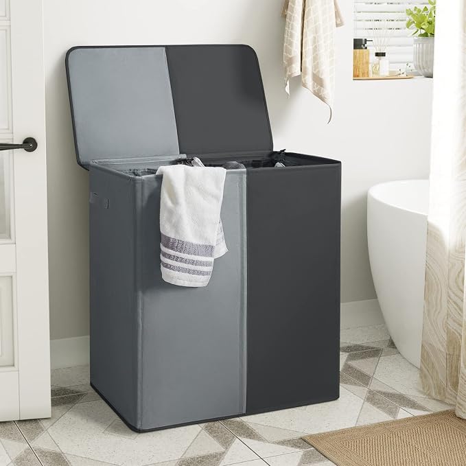 WOWLIVE Double Laundry Hamper with Lid, 154L Large Laundry Basket Organizer | Collapsible Dirty Clothes Hamper 2 Section, with Removable Laundry Bags for Laundry Room, College Dorm, Black and Grey