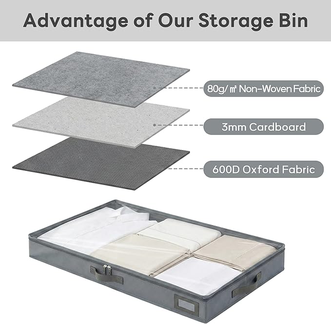 4" Low Profile Under Bed Storage Bins (2-Pack, Grey), Slim 600D Oxford Fabric Clothes Organizer Box with Reinforced Leather Handles, Sturdy Clear Lid