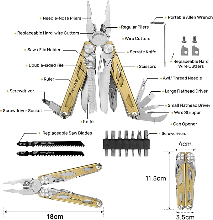 BIBURY 31-in-1 Multitool Pliers Pro,EDC Pocket Knife & Screwdriver-BI2045 | Stainless Steel Multi Tool with Replaceable Wire Cutters, Saw, Large Scissors, Ideal for Camping,Survival,Repair