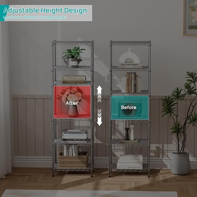 SINGAYE Metal Shelves Wire Shelving Storage Standing Adjustable Shelf Unit | 6 Tier Mesh Units Shelf for Kitchen Laundry Bathroom Closet Organizers Pantry Narrow Home Rack 10" D x 16" W x 63" H Gray