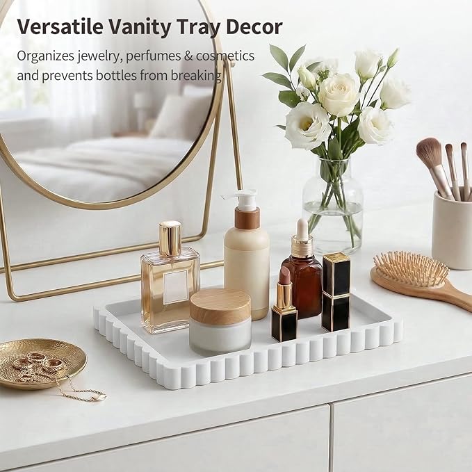 Silicone Bathroom Vanity Tray, Sink Caddy for Dish Soap Dispenser, Sponge Holder for Kitchen Sink, Rectangle Bathroom Countertop Organizer for Perfume, Jewelry, Candle (9.9” * 6”, White)