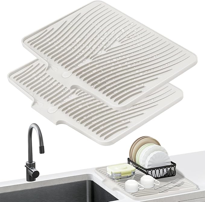 Silicone Dish Drying Mat for Kitchen counter, 19.7"x17" 2Pcs Extra Large Non-Slip Drain Pad with Built-in Drainage, Heat Resistant Dishwasher Safe, Cream
