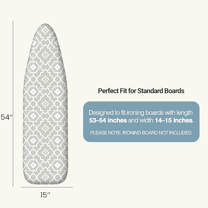 UniSimp Ironing Board Cover and Pad 15"x54" Extra Thick Natural Cotton, Scorch and Stain Resistant Padding, Standard Size Iron Board Cover with Fasteners Heavy Duty Elastic Edge, Heatproof Geometric