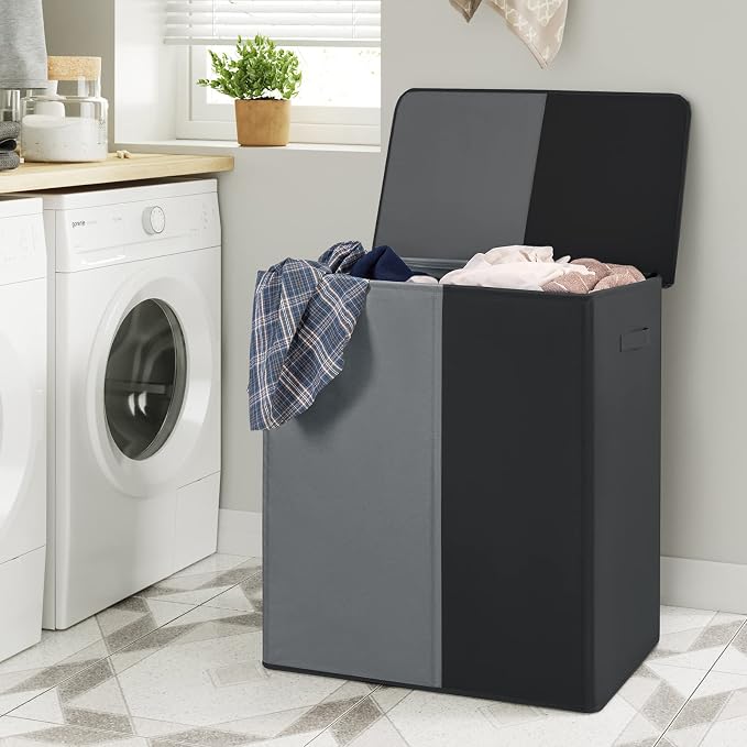 WOWLIVE Double Laundry Hamper with Lid, 154L Large Laundry Basket Organizer | Collapsible Dirty Clothes Hamper 2 Section, with Removable Laundry Bags for Laundry Room, College Dorm, Black and Grey