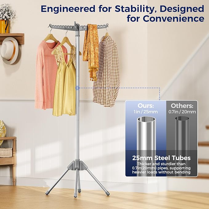 KINGBOARD Clothes Drying Rack, 59" H Laundry Drying Rack, 3 Rotatable Arms | 360° Rotatable Arms, 27 Hanger Holes, Stainless Steel, Tool-Free Setup, Portable for Travel & Small Home, Indoor, 27lbs Hold