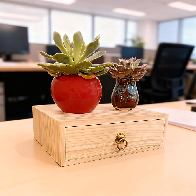 Natural Wooden Storage Box Desk Drawer Single Cabinet Organizer | Wood Office Desk Organizer Countertop Storage Box with Metal Handle for Home School Office Counter Craft Decor (1 Drawer)