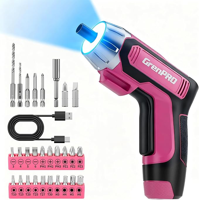 GRENPRO 4V Cordless Electric Screwdriver Set 29-Piece, Pink | Built-In Non-Removable Battery Charges via USB, Not Sold Separately, Included Bits Support Home Repairs and Assembly