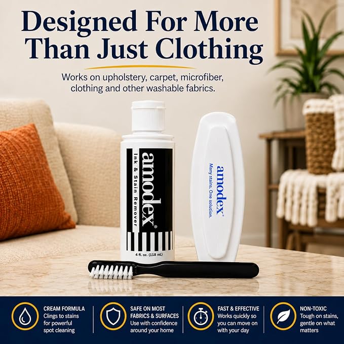 Amodex Ink & Stain Kit with Stain Remover Brushes, Removes Ink, Sharpie, Grease, Food and More, Safe and Effective on Clothes, Leather and Skin, Includes 1 Bottle and 2 Brushes