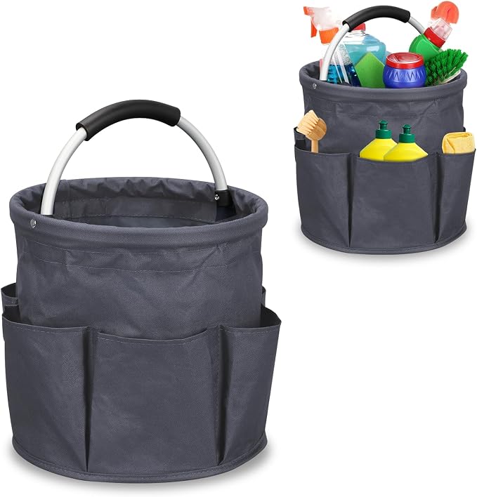mumisuto Cleaning Caddy with Handle, 17L Collapsible Cleaning Products Organiser Bucket Tool Organizer in 600D Oxford Fabric Portable Multi Cleaning Bucket Bag for Home Garden (Dark Grey)
