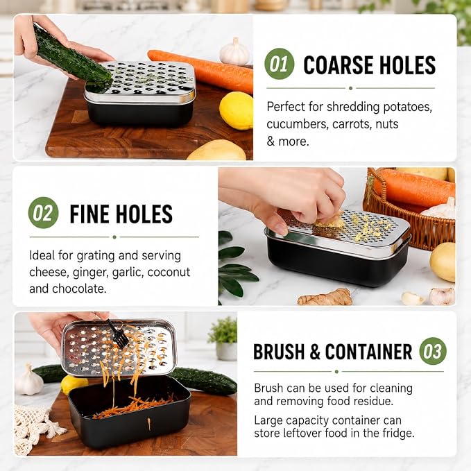 Cheese Grater with Storage Container, Box Grater Stainless Steel for Vegetables, Cheese Shredder 2 Sharp Blades for Fine & Coarse, Non-Slip Base, Lemon Zester, Includes Cleaning Brush (Blue)
