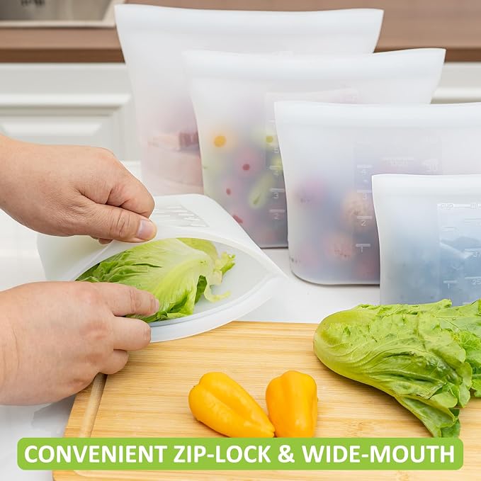 100% Silicone Reusable Storage Bag Quart Size, 6 Pack Stand-Up Wide-Mouth Zip-Lock Food Storage Bags, Easy-Fill Easy-Open Easy-Clean Space-Saving, Microwave & Dishwasher Safe, 34oz, Translucent