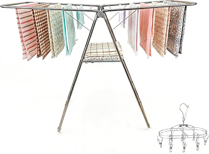 Clothes Drying Rack Foldable -Height Adjustable Laundry Drying Rack Large Space, Winged Laundry Rack with Sock Clips for Hanging Towels Clothes Dress Bedding Indoor Outdoor, Gray