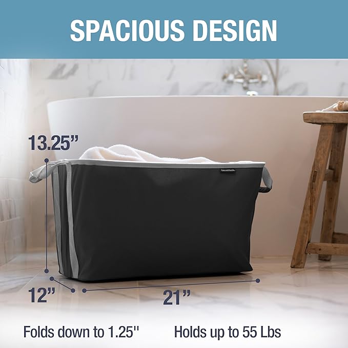 CleverMade Collapsible Laundry Basket, 60L, 2 Pack, Black | Each basket supports 55 lb and stays upright while loading, then folds to 1.25 inches for closets, dorms, and RVs.