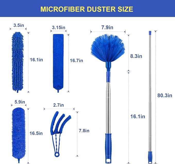 Duster with Extension Pole for High Ceilings & Ceiling Fans, Cobweb Duster | 30-100" Stainless Steel Pole, Bendable Washable Heads, Cobweb and Gap Cleaning, Detachable Heads, Complete 6-Piece Duster Kit
