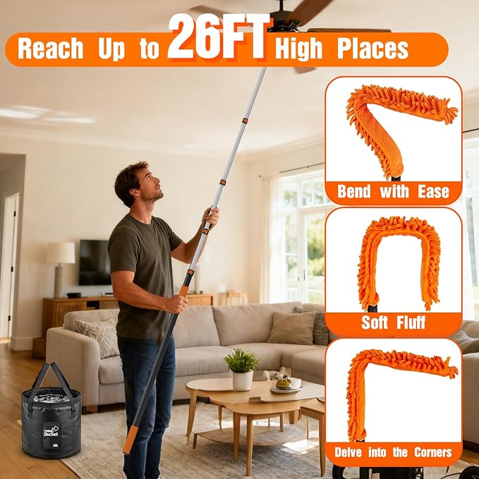 SISUPASSIE 26FT Reach High Ceiling Duster Kit, Window Cleaning kit with 5-20FT Extension Pole, Fan Duster for Ceiling Fan Blades, Microfiber Feather Duster, Window Squeegee, Bucket and Cobweb Duster