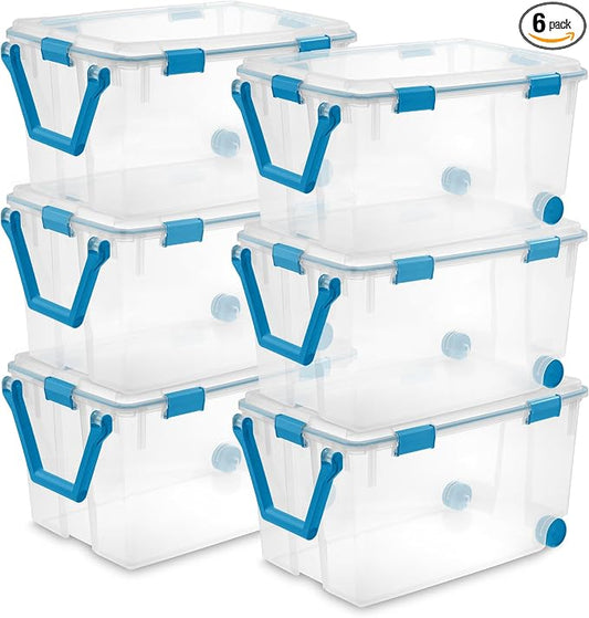 Sterilite Gasket Storage Box with Lids for Home & Office, 120 Quart, 6-Pack | Heavy-Duty, Stackable, and Organizing Containers for Bathroom, Cabinet, Closet, and Garage, Clear and Blue Aquarium Latches