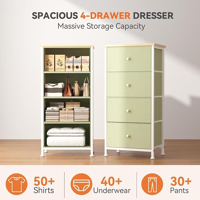 Sweetcrispy Dresser for Bedroom, 4 Drawer Storage Cabinet, Tall Nightstand | Small Fabric Dresser for Closet, Chest of Drawers, Closet Organizer, Home Furniture, Sturdy Frame, Light Green