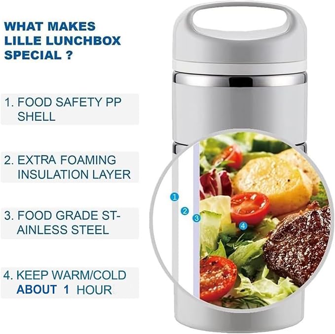 Lille Home Stackable Stainless Steel Thermal Compartment Lunch/Snack Box, 3-Tier Insulated Bento/Food Container with Lunch Bag, Utensils Set and Three Extra Seals, 43OZ (Gray with Utensils)
