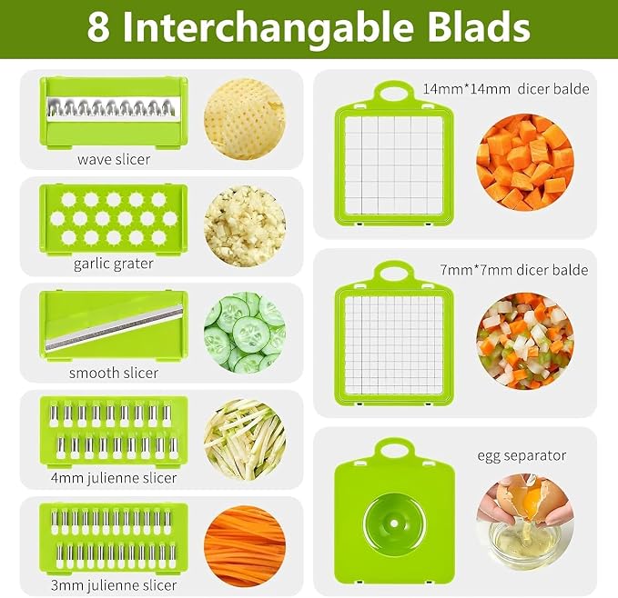 15 in 1 Vegetable Chopper- Food Chopper Onions Vegetable Slicer Dicer, Veggie, Cheese Grate Cutter with 7 Blades for Carrot Salad Garlic Potato slicer with Large Container Mandoline Kitchen Gadgets