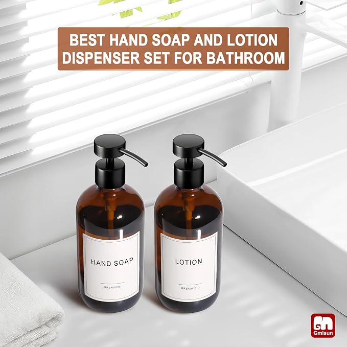 GMISUN Amber Glass Soap Dispenser, 4 Pack Bathroom Hand Soap Dispensers with Stainless Steel Flat Pump, 17 Fl Oz Kitchen Dish Soap Dispenser, Modern Vintage Liquid Brown Soap Dispensers Bottle Set