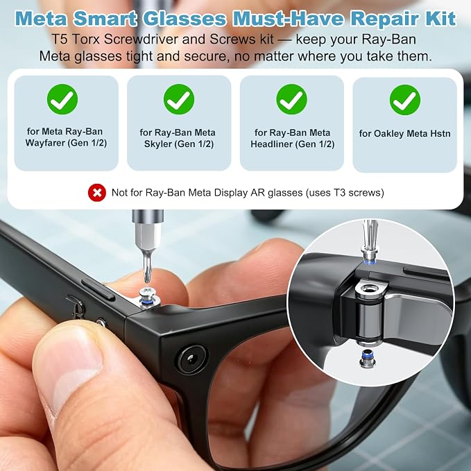Glasses Screwdriver & Screw Repair Kit for Ray-Ban Meta Smart Eyeglass | For Ray Ban Screw Replacement Kit - for Meta Glasses Screw Replacement for HSTN Wayfarer Skyler Headliner Gen 1/2 & Oakley