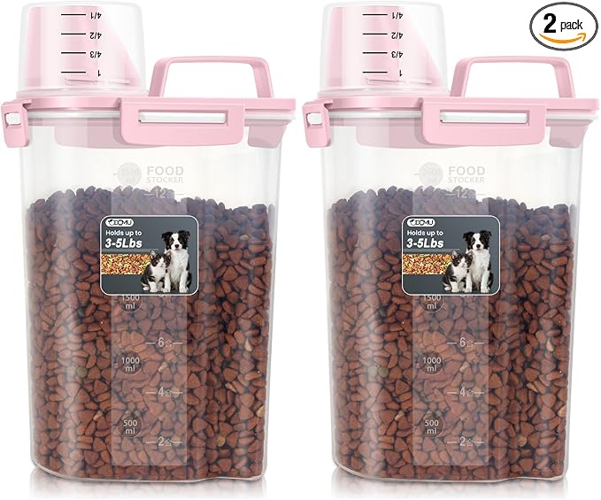 Dog Cat Food Storage Container, Pet Food Pourable Container Airtight with Large Spout & Cup, BPA-Free Plastic Food Dispenser for Pet Food, Bird Seed, Rice, Flour (Pink, 2.5L (2 pack))