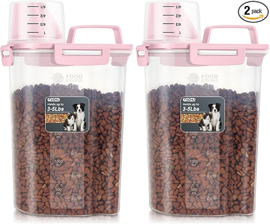 Dog Cat Food Storage Container, Pet Food Pourable Container Airtight with Large Spout & Cup, BPA-Free Plastic Food Dispenser for Pet Food, Bird Seed, Rice, Flour (Pink, 2.5L (2 pack))