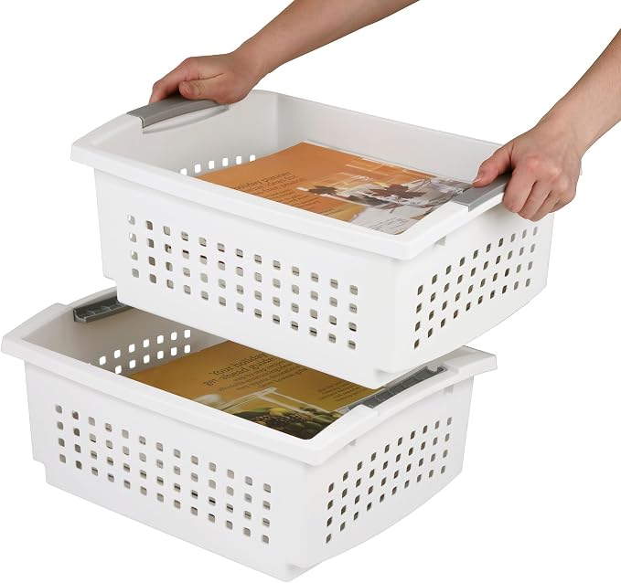 Sterilite 8 Pack Large Stacking Basket, Open Top Storage Bin with Handles, White - Ideal for Home Closets, Kitchens, or Office Organization