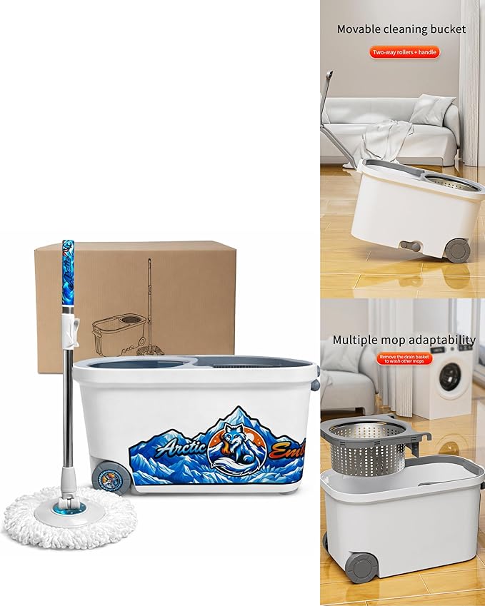 Spin Mop and Bucket System with Wringer, Microfiber Spin Mop and Bucket Set, Stainless Steel Handle, Rolling Mop Bucket with Drain Plug, Includes 3 Mop Heads for Hardwood Tile Floors