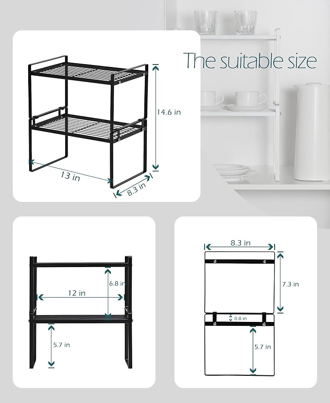 Shantton 2 Pack Kitchen Cabinet Shelf Counter Organizer Rack Pantry Storage Bathroom Bedroom Office Table Desk Space Saving Steel Frame Stackable Rust Resistant Non Slip Black