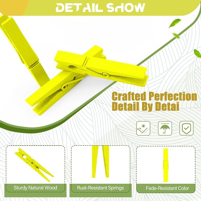 100 Pcs Yellow Clothes pins - 2.9 Inch Wooden Clothespins Cheer Clips | Vibrant for Crafts Classroom Decorations Clothing Pictures Laundry Solid Wood No Splinters Fade‑Proof