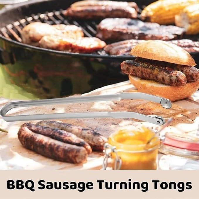 BBQ Sausage Turning Tongs, 304 Stainless Steel Long Handle Kitchen Tongs for Cooking Smooth Turning Action Sausage Grilling Tongs for Bacon Steak Meat Vegetables