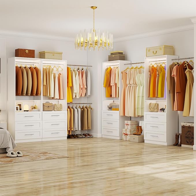 Closet System with 6 Drawers, 4FT-10FT Closet Organizer System, Closet Systems for Walk in Closets with 4 Hanging Rods & 2 Shelves, Modular Custom Closet Organizer Storage System, 2 Sets, White