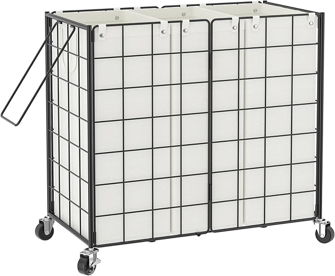 WOWLIVE Laundry Basket 3 Section with Wheels, Metal Rolling Laundry Hamper | Wire Frame Dirty Laundry Organizer with Removable Bags, 150L Clothes Hamper for Dorm Room Storage, College, Black and White