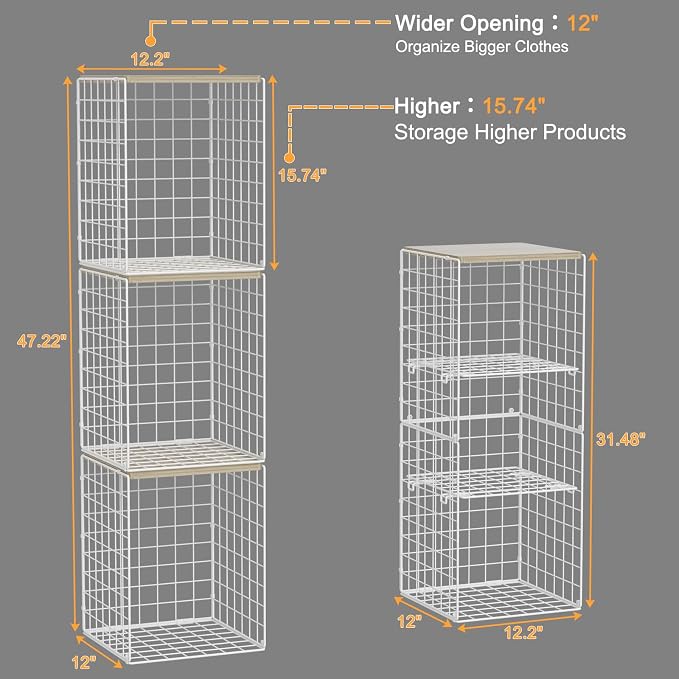 6 Tier Taller Closet Organizers and Storage, Stackable Closet Shelf Organizer with 2 Dividers for Clothes Towels Toys, Rv, Double Storage Design, Clothing Storage Basket for Wardrobe, White ﻿