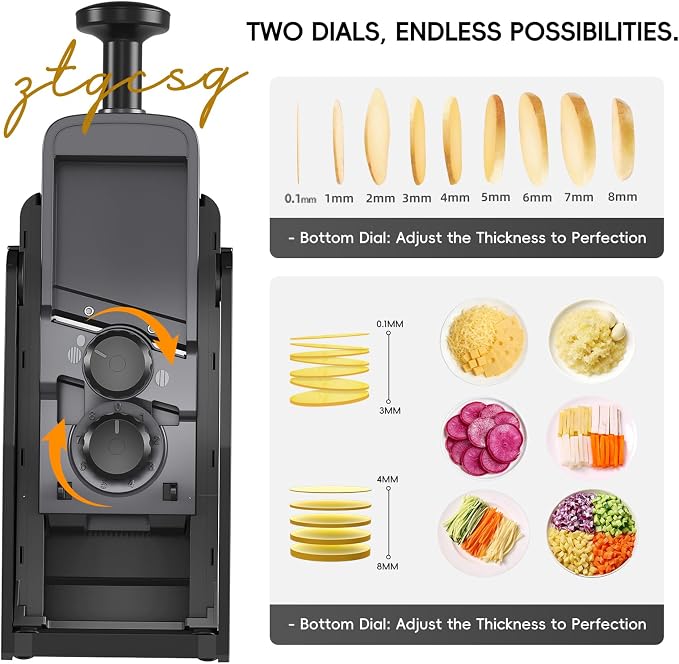 Vegetable Slicer with Adjustable Thickness, Easy to Clean Potato Mandoline Slicer with Container, Rapid Prep French Fry Veggie Cutter/Onion Slicer, Free Grater/Cleaning Brush (Black)