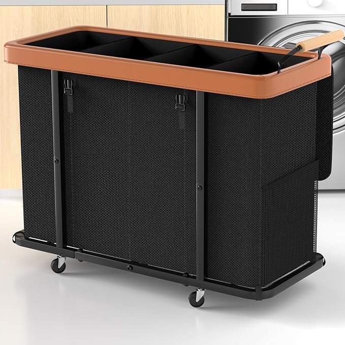Laundry Hamper 4 Section with Lid, 300L Rolling Basket Hamper with Handle | Laundry Basket with Wheels,Organizer Storage Cart with Sturdy Metal Frame for Laundry Room Black